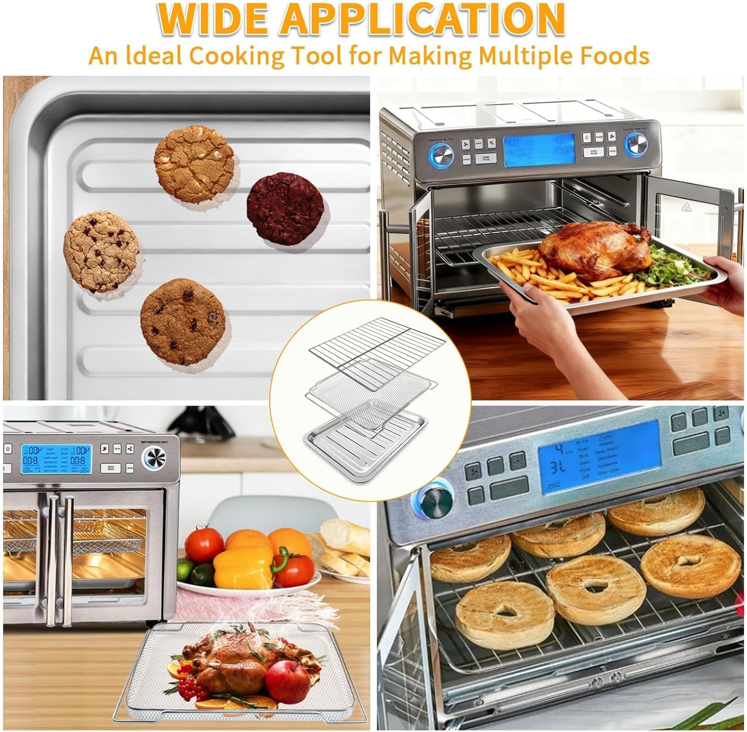 3-Pack Air Fryer Replacement Set for Emeril Lagasse Dual Zone 25 QT Air Fryer Convection Toaster Oven, Includes Food-Grade Steel Mesh Basket, Wire Rack & Grill Pan, Dishwasher Safe