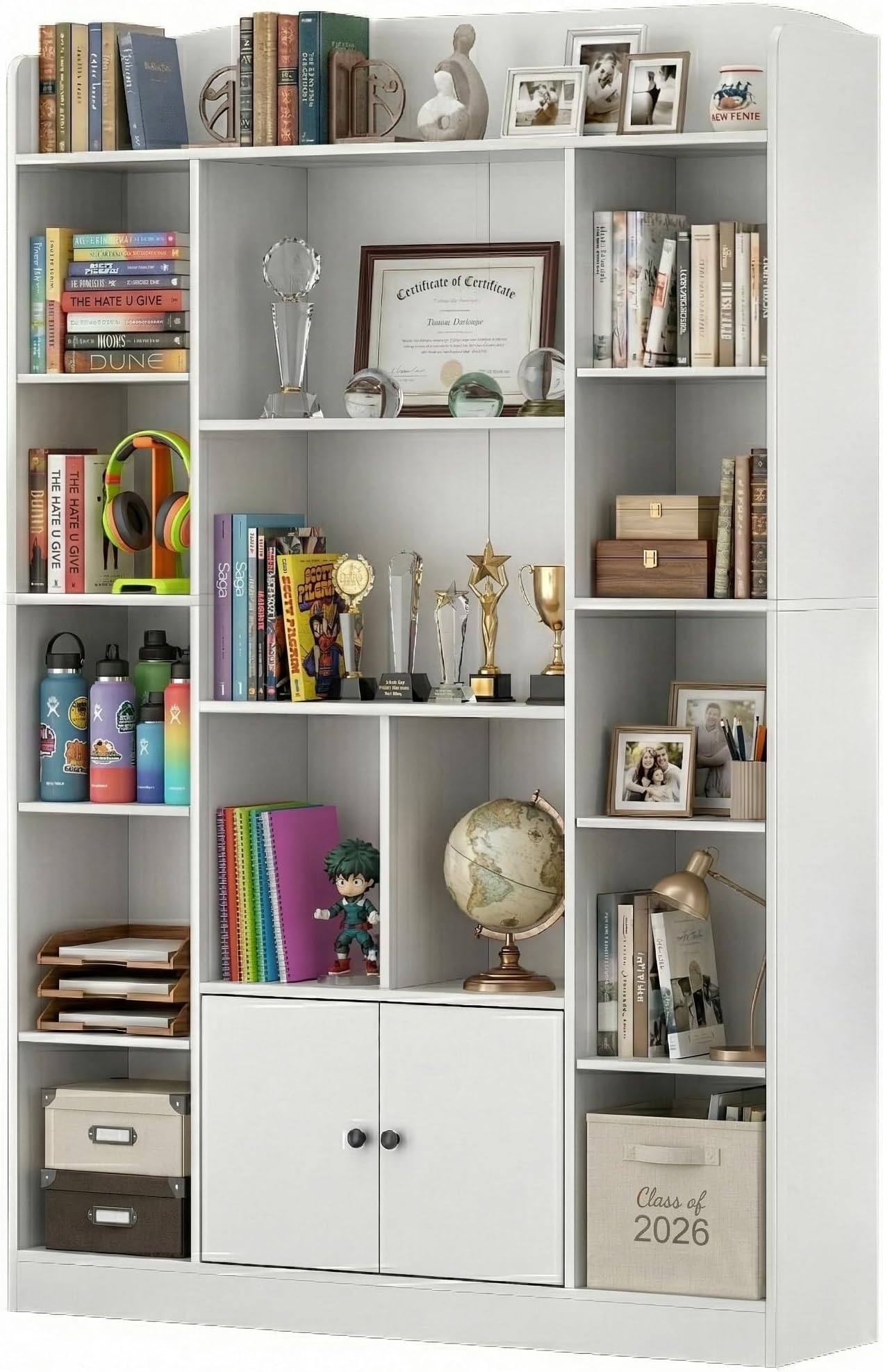 DIYART 63" Tall White Bookshelf with 14 Cubbies & 2 Cabinets, 5-Tier Large Bookcase, Freestanding Storage Shelf for Living Room, Study, Hallway, Home Office (41.3" W x 63" H)