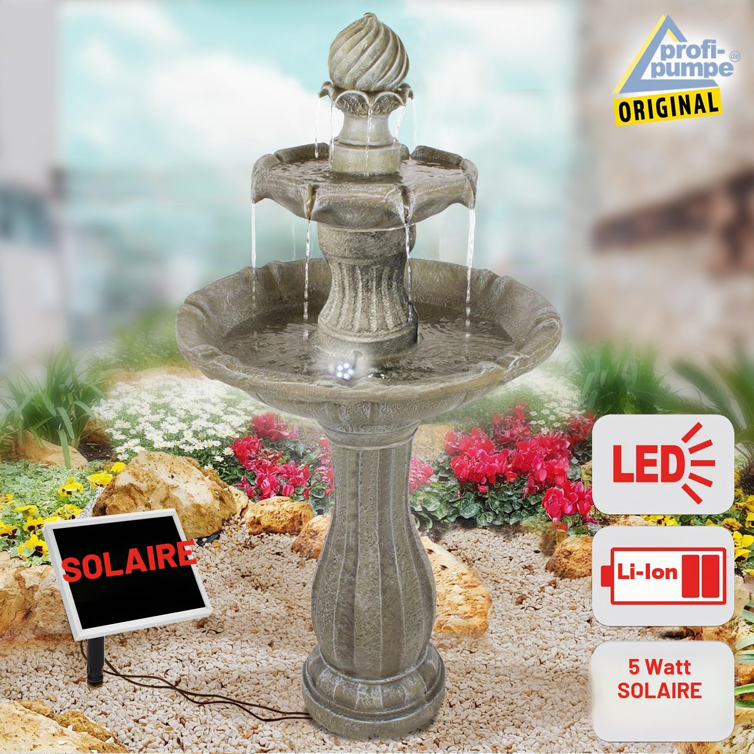 AMUR Fontaine De Jardin Solaire avec Batterie Li-ION et Lumières LED pour Votre Jardin, Terrasse, Balcon, Véranda - 113cm