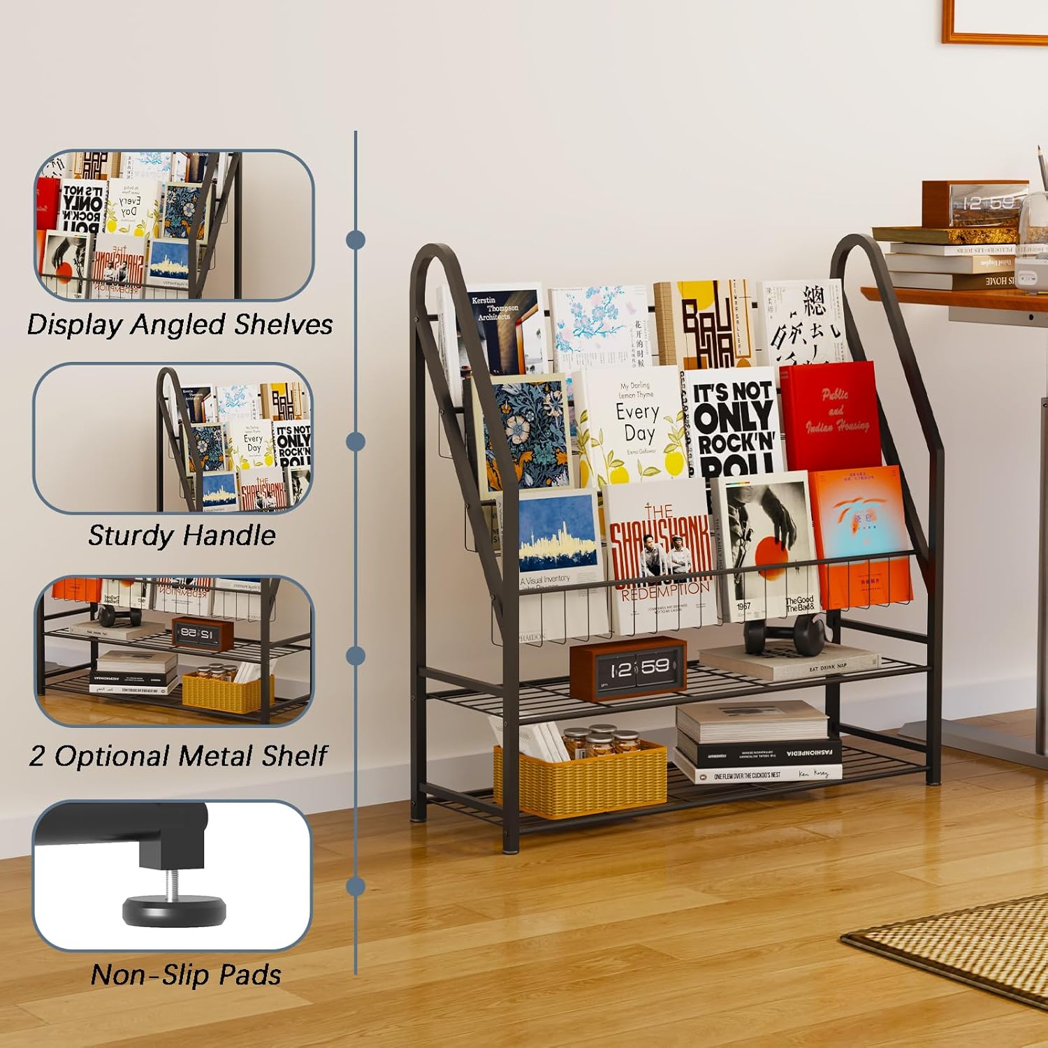 Arbuxzuy Magazine Rack Small Metal for Storage Freestanding 11.8" D x 32.3" W x 38.2" H, Sofa Height Book Shelf Short Inclined for Display and Storage, Ladder Bookcase for Home Office, Black