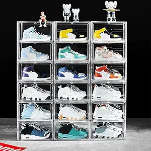 12 Pack Shoe Boxes, Clear Acrylic Stackable Plastic Sneaker Box Container, Magnetic Drop & Side Open Shoe Organizer Case Container With Lids Fits Up to Size 14 (Crystal Clear)