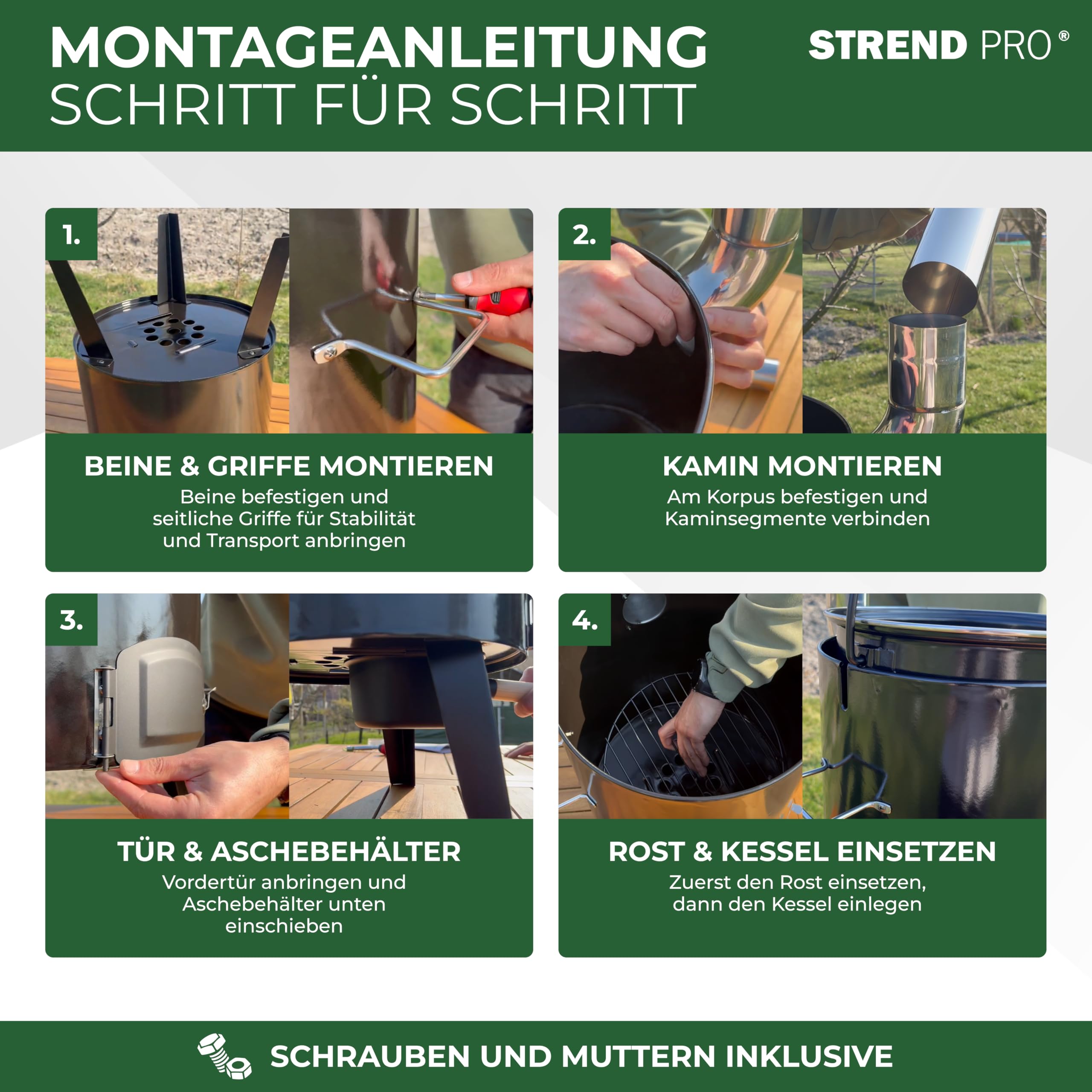 STREND PRO Gulaschkanone 14 Liter Komplett-Set emaillierter Gulaschkessel Outdoor Gulaschkocher für Holzfeuer Edelstahlkamin