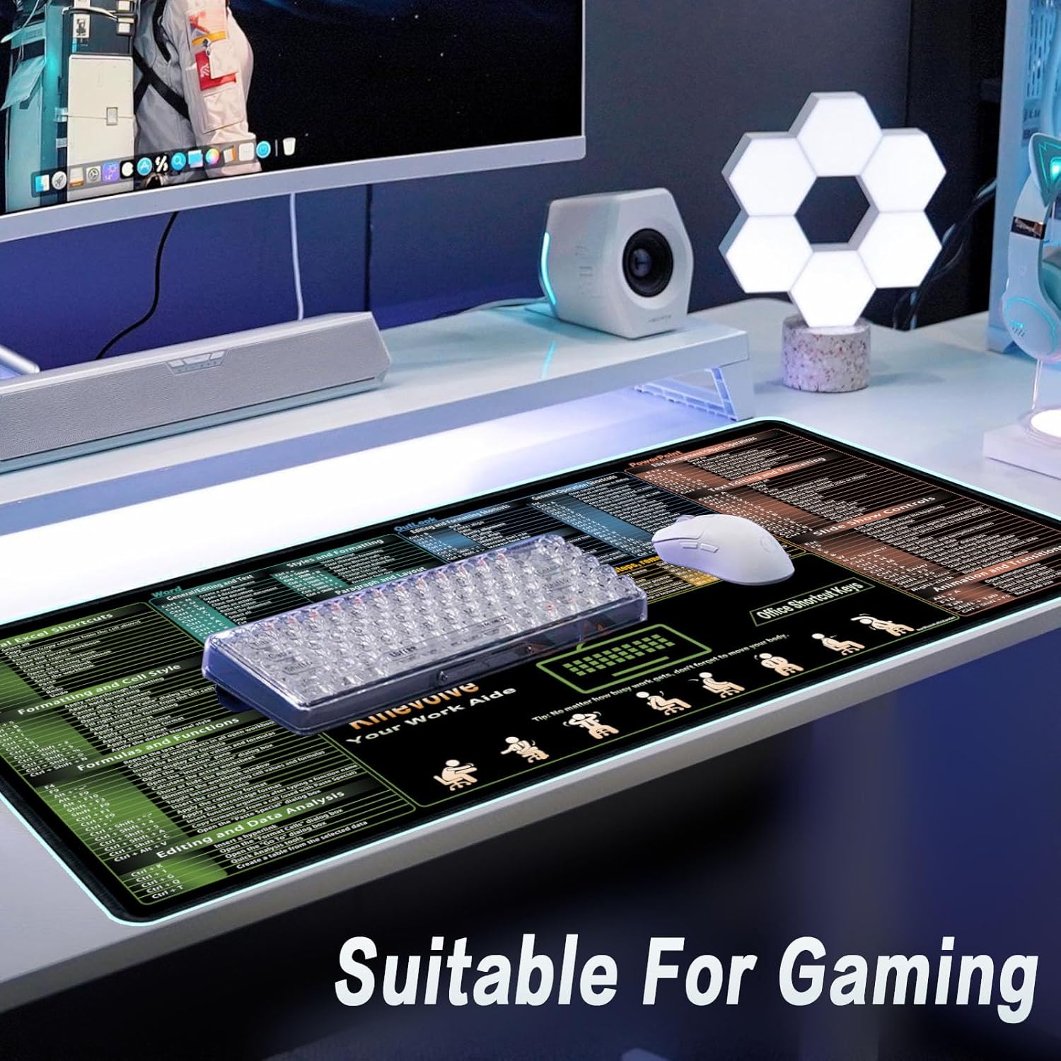 Excel/Word/Outlook/PowerPoint Shortcut Keys Mouse Pad, Shortcut Mat for Pc Office,Large XXL Gaming Mousepad,Non-Slip Stitched Edge 35.4 x 15.7