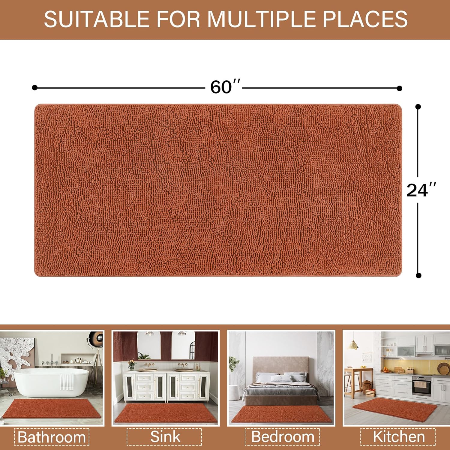 lochas luxury bathroom rug shaggy bath mat 24 x 60 inch, washable non slip bath rugs for bathroom shower, soft plush chenille absorbent carpets mats, burnt orange burnt orange 2' x 5' (24''x60'')