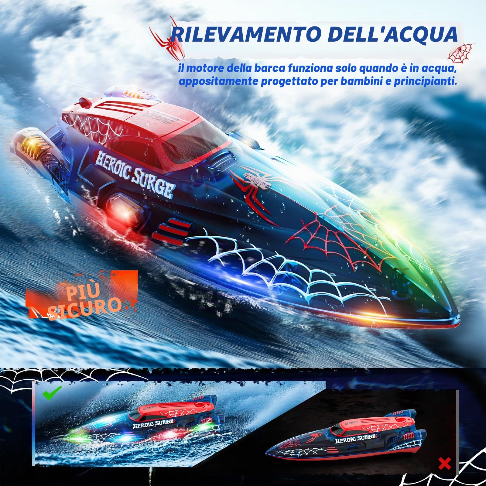 DEERC Barca telecomandata da 13 pollici per bambini, barca ragno RC da 2,4 GHz con luci a LED per piscine e laghi, giocattolo estivo acquatico regalo per ragazzi 8-12, 2 batterie