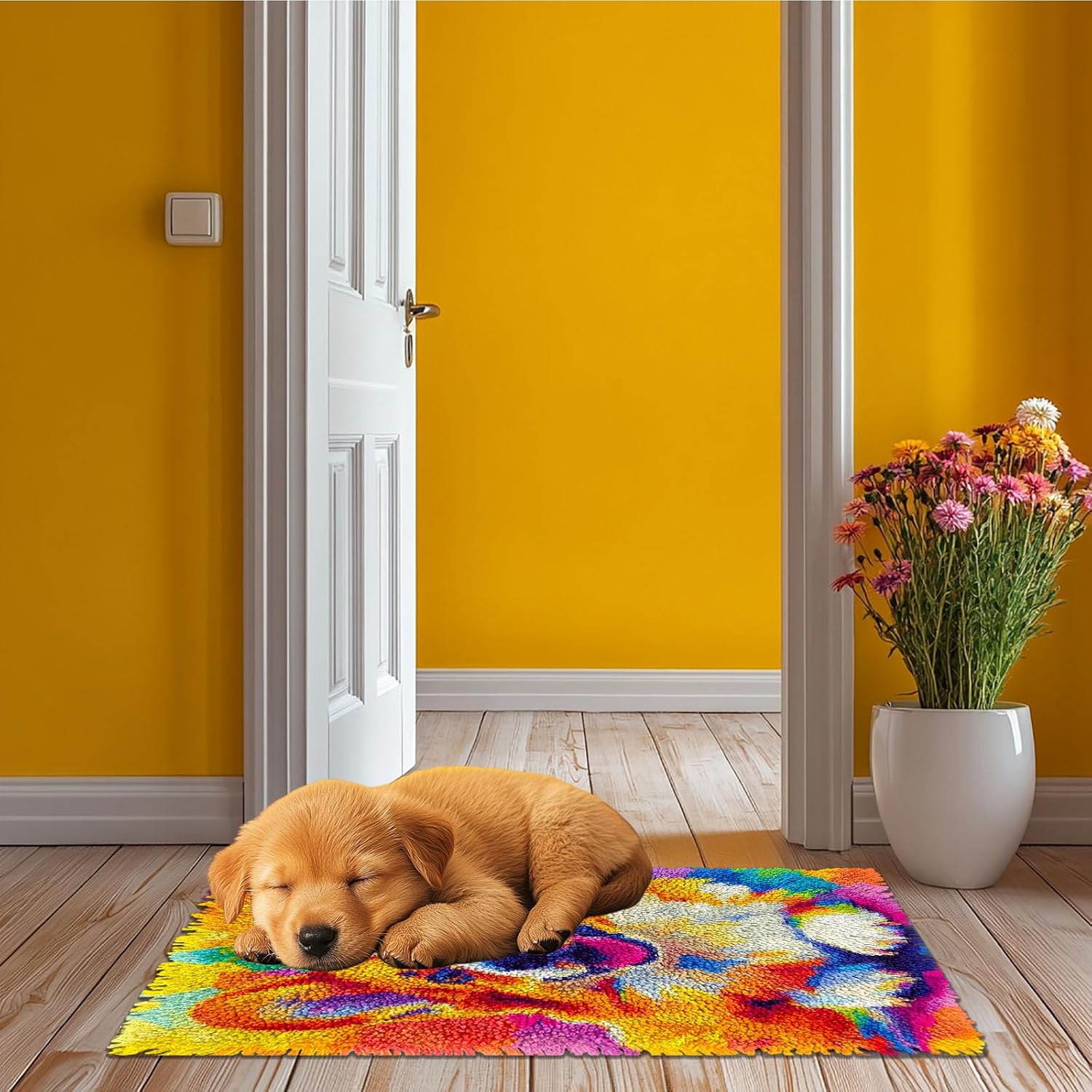 Latch Hook Rug Kit Cute Corgi Dog Pre-Printed Handmade Carpet Crochet Yarn Craft DIY Hook and Latch Door Mat Tapestry for Home Floor Decoration 52x38cm-1