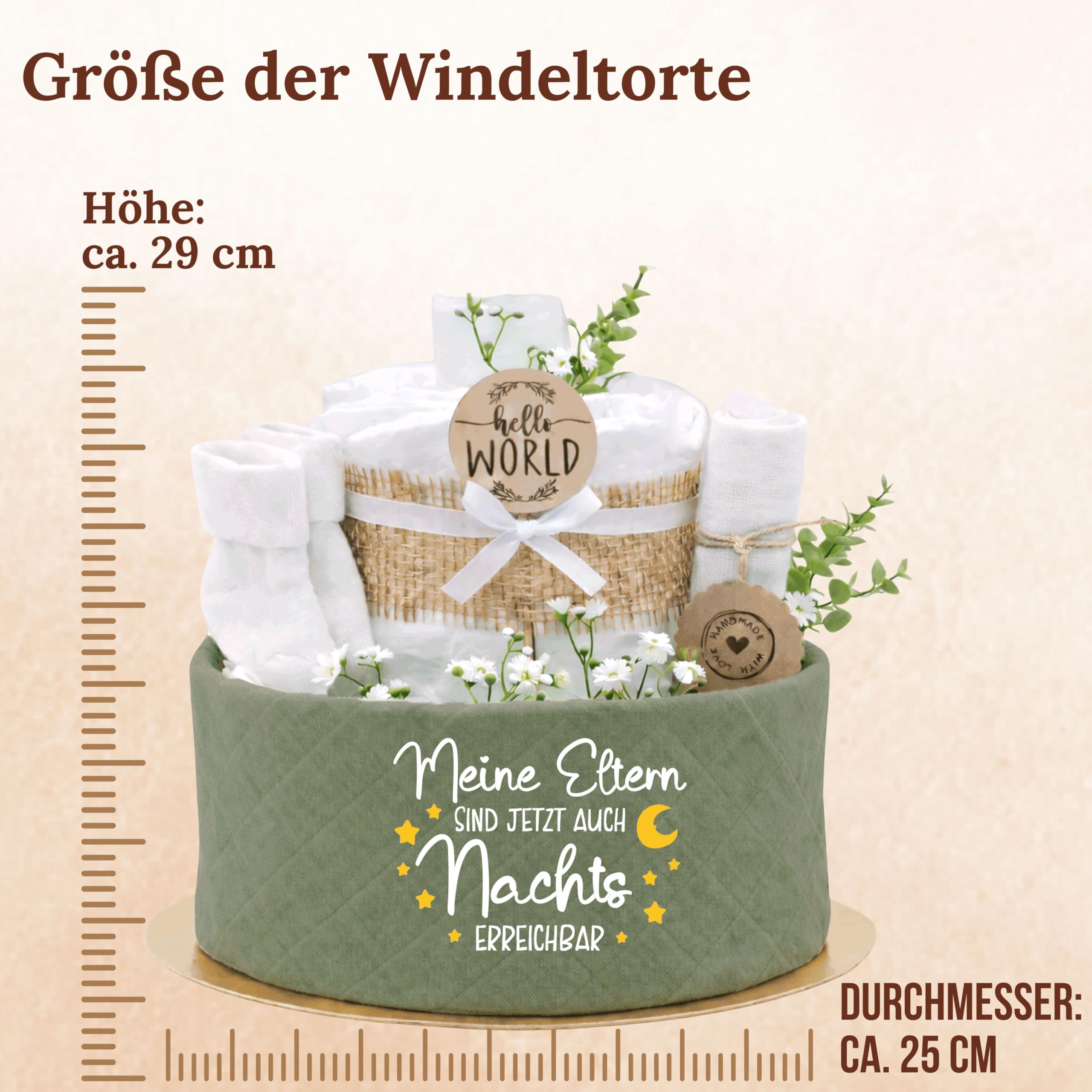 Trend Mama® | Windeltorte Boho Style | Spruch wählbar | 27 Windeln (Gr.2), Musselintuch, Socken & Spucktuch | Geschenk Geburt (Grün | Meine Eltern sind jetzt auch Nacht erreichbar)