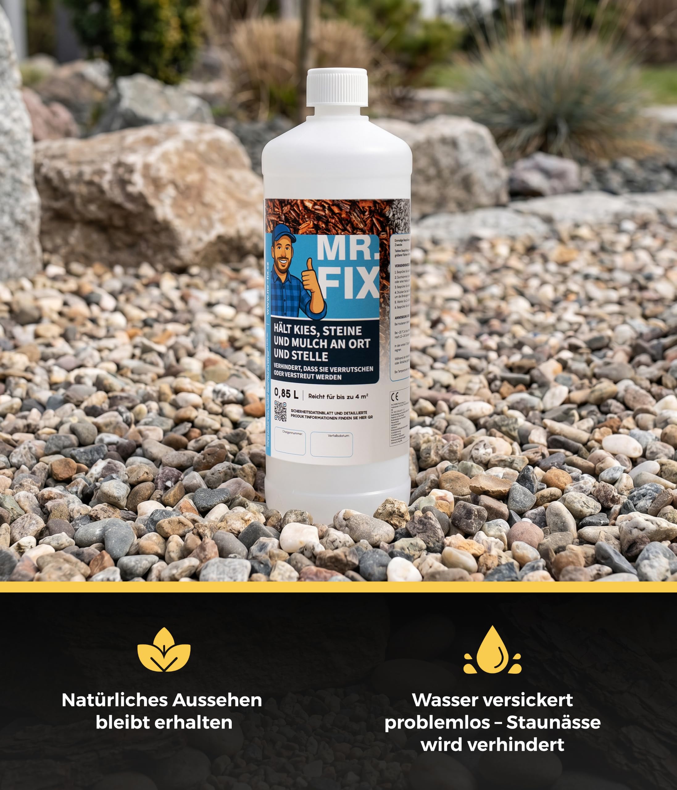 MR. FIX® Kiesbinder (0,85l) – Steinkleber wasserfest & UV-beständig, einfache Anwendung, starke Haftung für Garten & Wege – Kiesverfestiger für Haus und Garten – Made in Germany