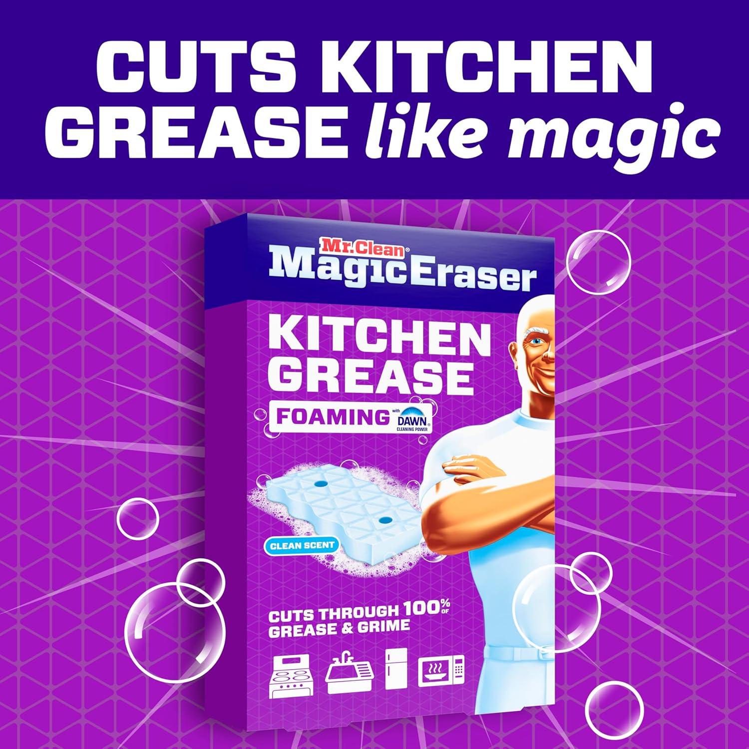 Mr. Clean Magic Eraser Foaming Sponge, Kitchen Grease Eraser, Dawn Cleaning Power, Oven Cleaner, Clean Scent, 6ct