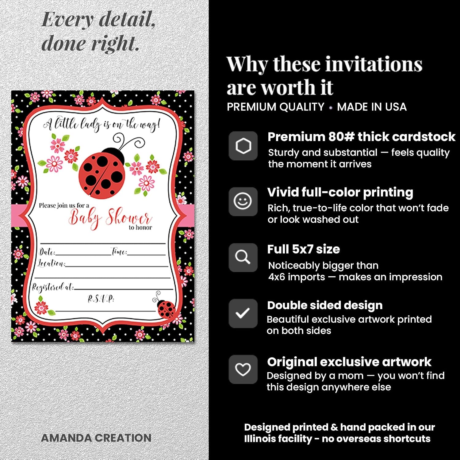 Amanda Creation Red Ladybug Baby Shower Invites for Girls, 20 5x7 Double Sided Fill In Invitations with Twenty White Envelopes Lady Bug Baby Shower Theme Cards It’s a girl