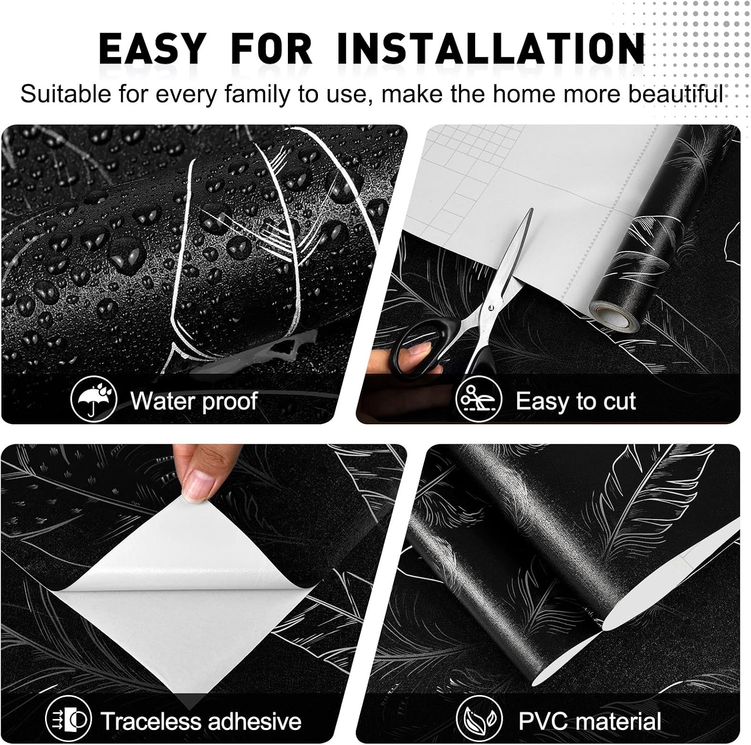 Black Peel and Stick Wallpaper 17.7"x300" Feather Wallpaper Removable Modern Vinyl Wall Paper Waterproof Contact Paper for Bedroom Living Room