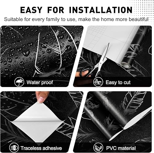 Miniatura 10 de Papel tapiz blanco para despegar y pegar de 17.3 x 120 pulgadas, papel tapiz de plumas, papel de contacto con textura neutra, moderno papel de