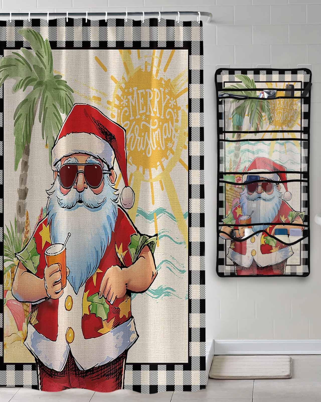 Shower Curtain Mesh Shower Organizer Hanging Set Merry Summer Christmas Santa Island Black Buffalo Plaid Waterproof Shower Curtains