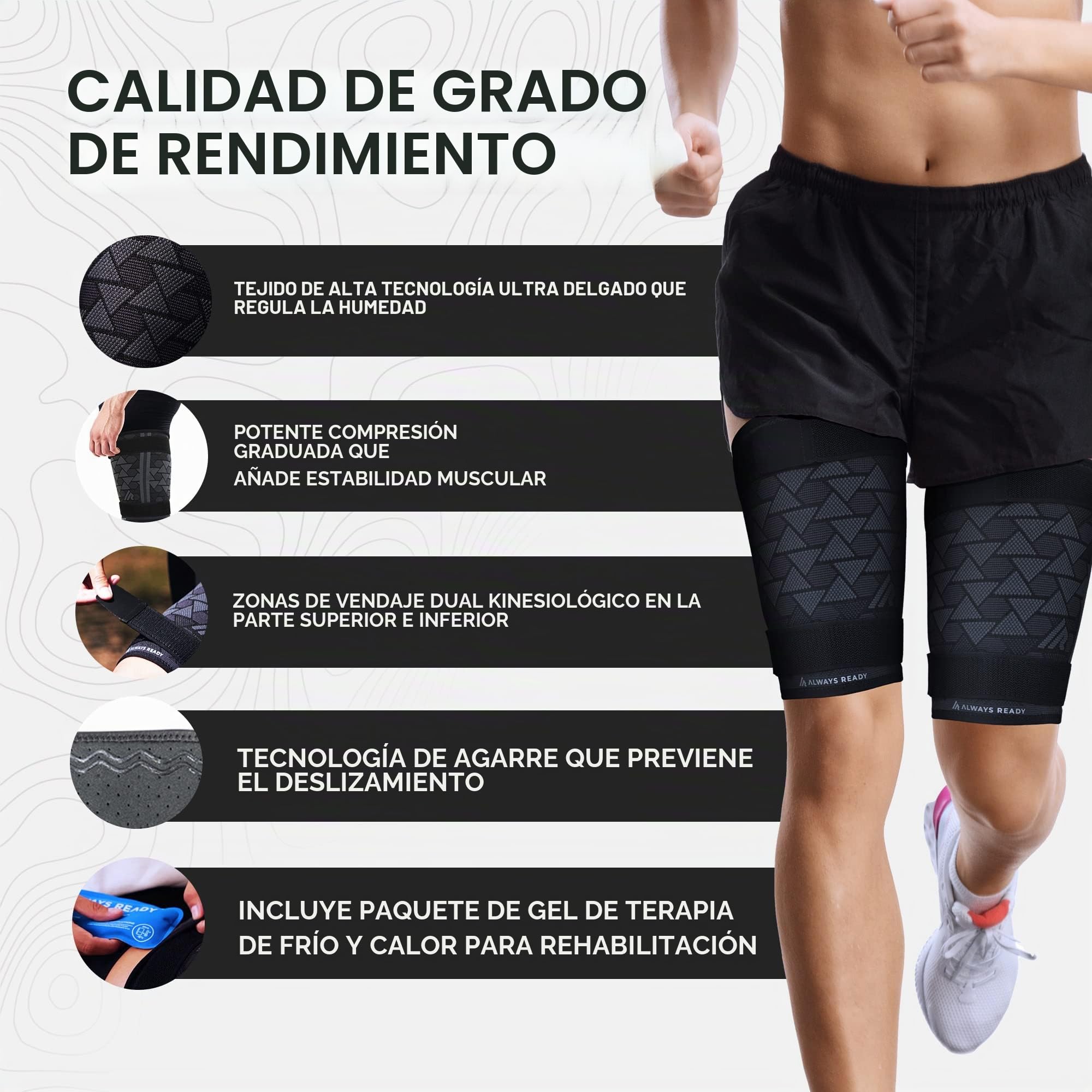 Always Ready, funda de soporte de compresión para muslos (2 por paquete) con paquete de gel frío y caliente para isquiotibiales y cuádriceps, hombres y mujeres, correas de compresión (L)