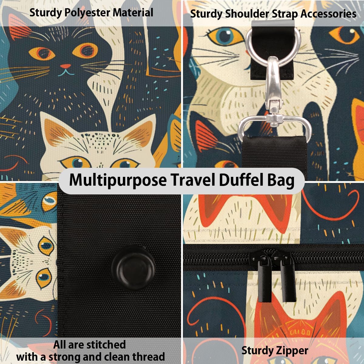 Colorful Cat Travel Duffle Bag, Sports Gym Bags for Women Men, Carry On Weekender Overnight Workout Airplane Trips Bag
