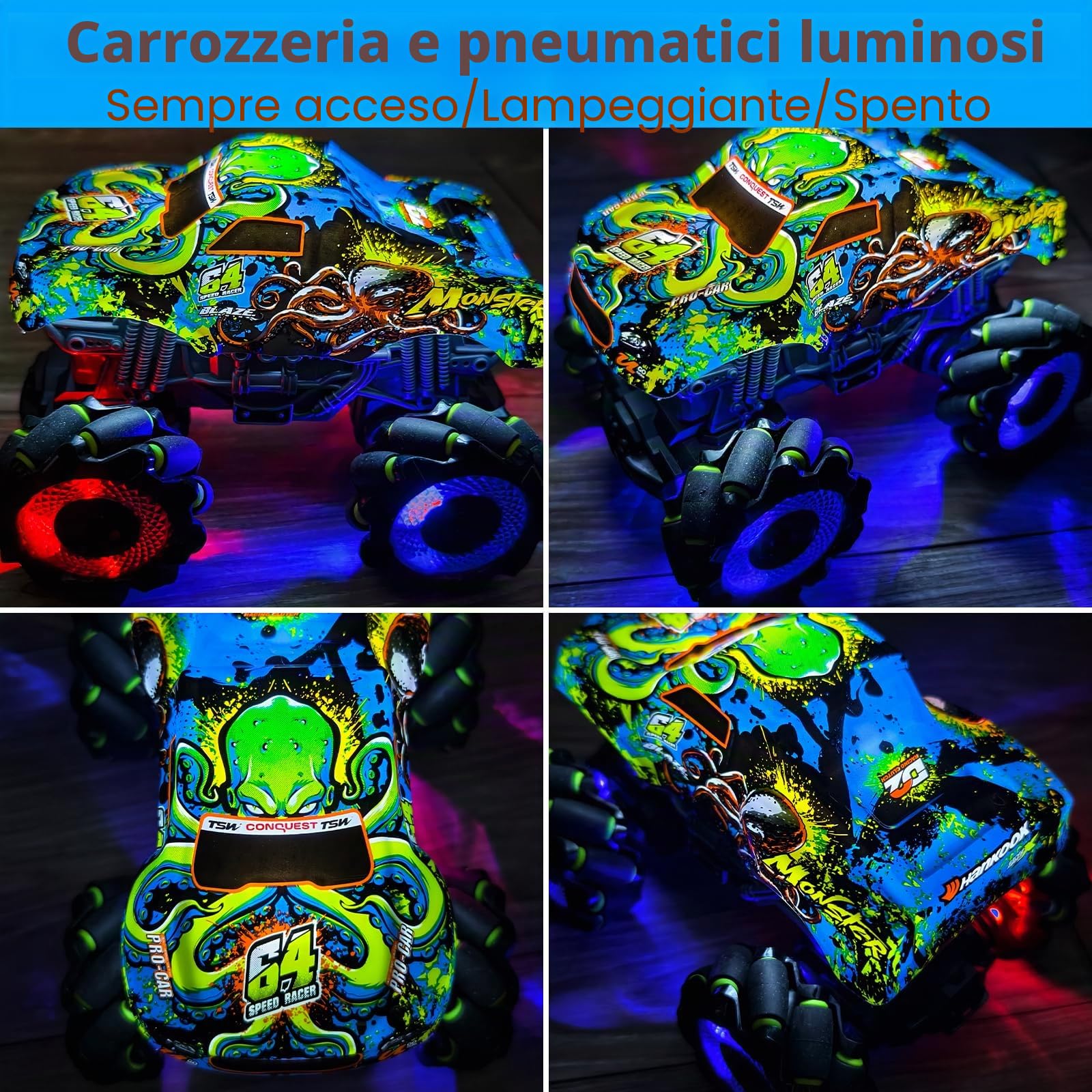 Monster truck telecomandato con luci, musica e rotazione a 360°