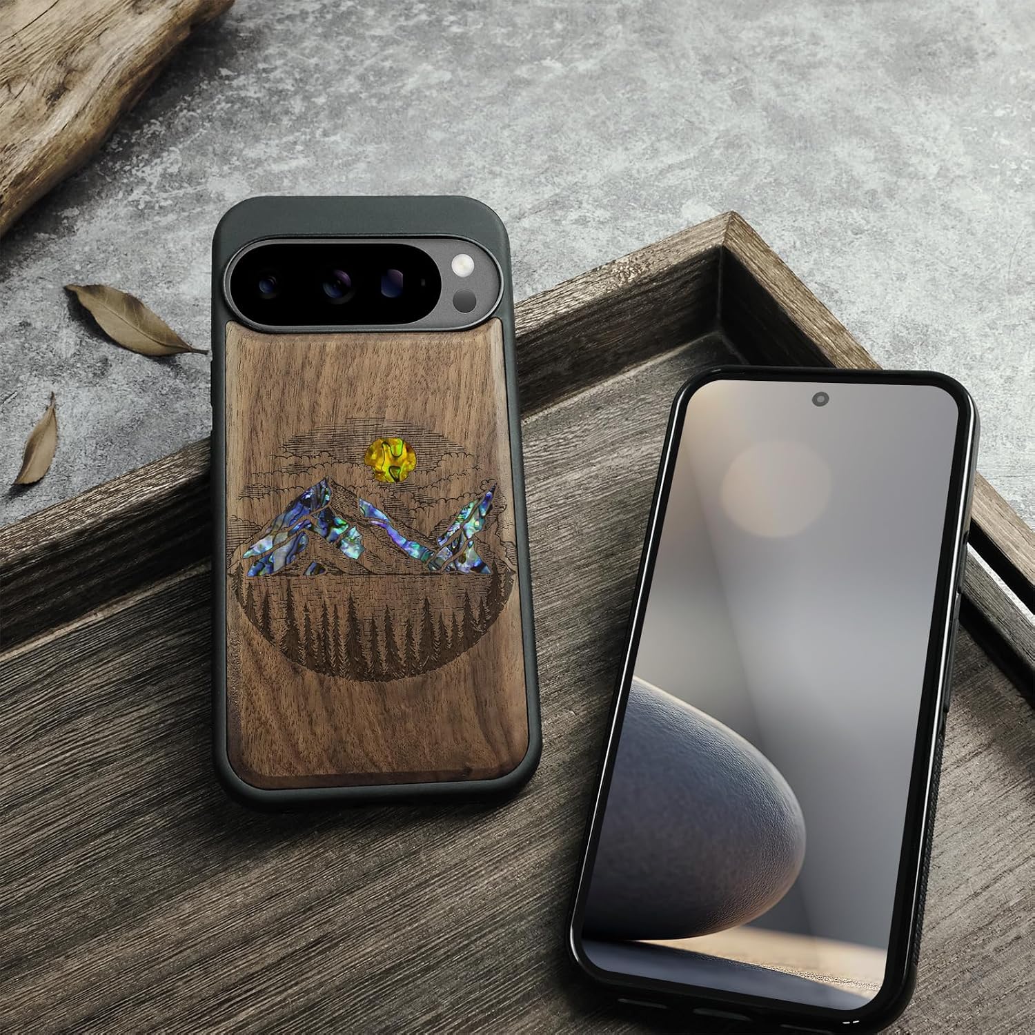 Carveit Magnetic Wooden Case for Pixel 10 / Pixel 10 Pro Case, Wood Artisan Engraved & Handmade Shell Inlaid, Compatible with MagSafe Wireless Chargers, Landscape Painting - Walnut