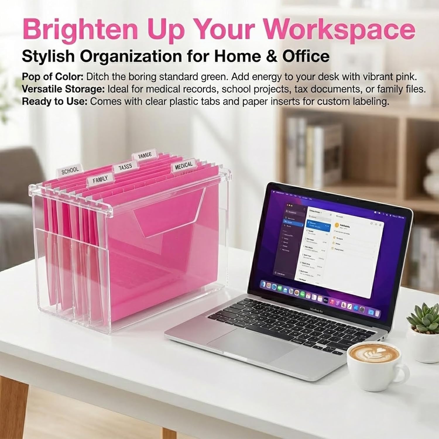VZCPYTPM 50 Pack Hanging File Folders,Letter Size File Folder,Pink Hanging Folders for Filing Cabinet,Reinforced Rods for Smooth Gliding,Includes 1/5 Adjustable Tabs & Inserts,Ideal for Home & Office