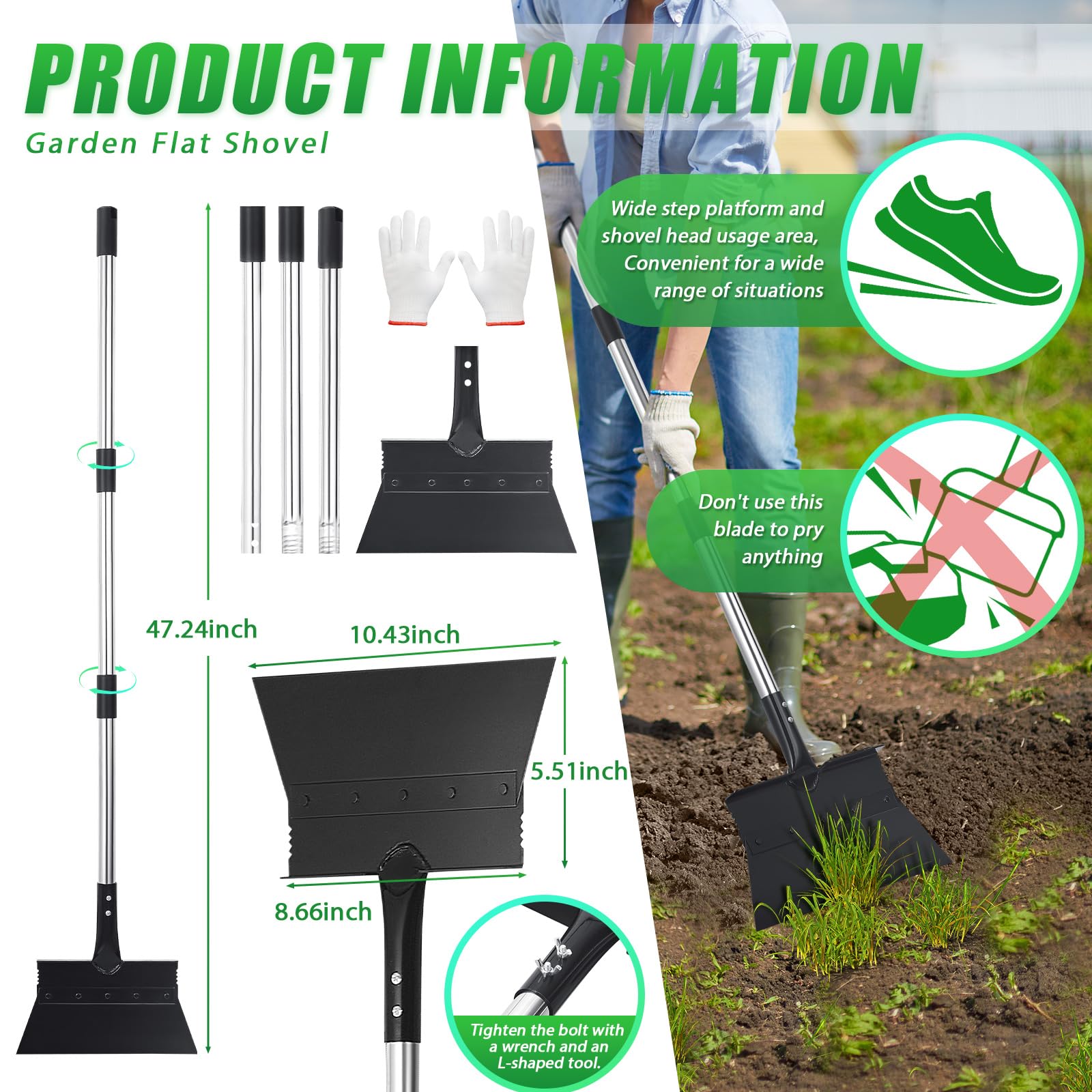 Pala de Jardín Multifunciona con Mango, 27 cm Pala de Limpieza de Jardín, Cortar Bordes de Césped, Herramienta de Jardinería para Quitar Malas Hierbas, Nieve