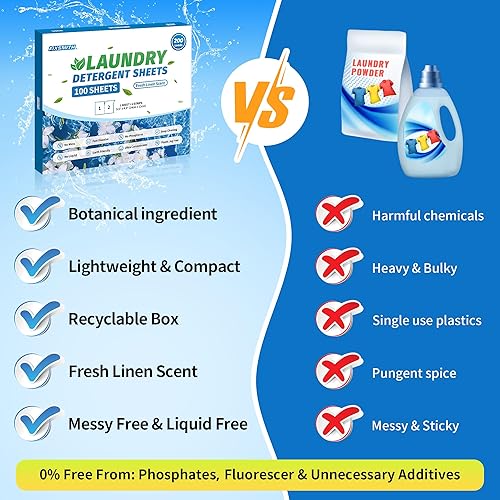 Miniatura 3 de FIXSMITH Hojas de detergente para ropa  200 cargas (100 hojas) aroma de lino fresco  Hipoalergénico, tiras de detergente para ropa ecológicas,