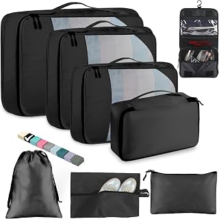Toncoke 8-Piece Packing Cubes for Travel, Mesh Luggage Organizers with Shoe Bag, Toiletry Bag, Laundry Pouches, 4 Sizes (XL/L/M/S) for Suitcase Organization, Men Women Kids, Black