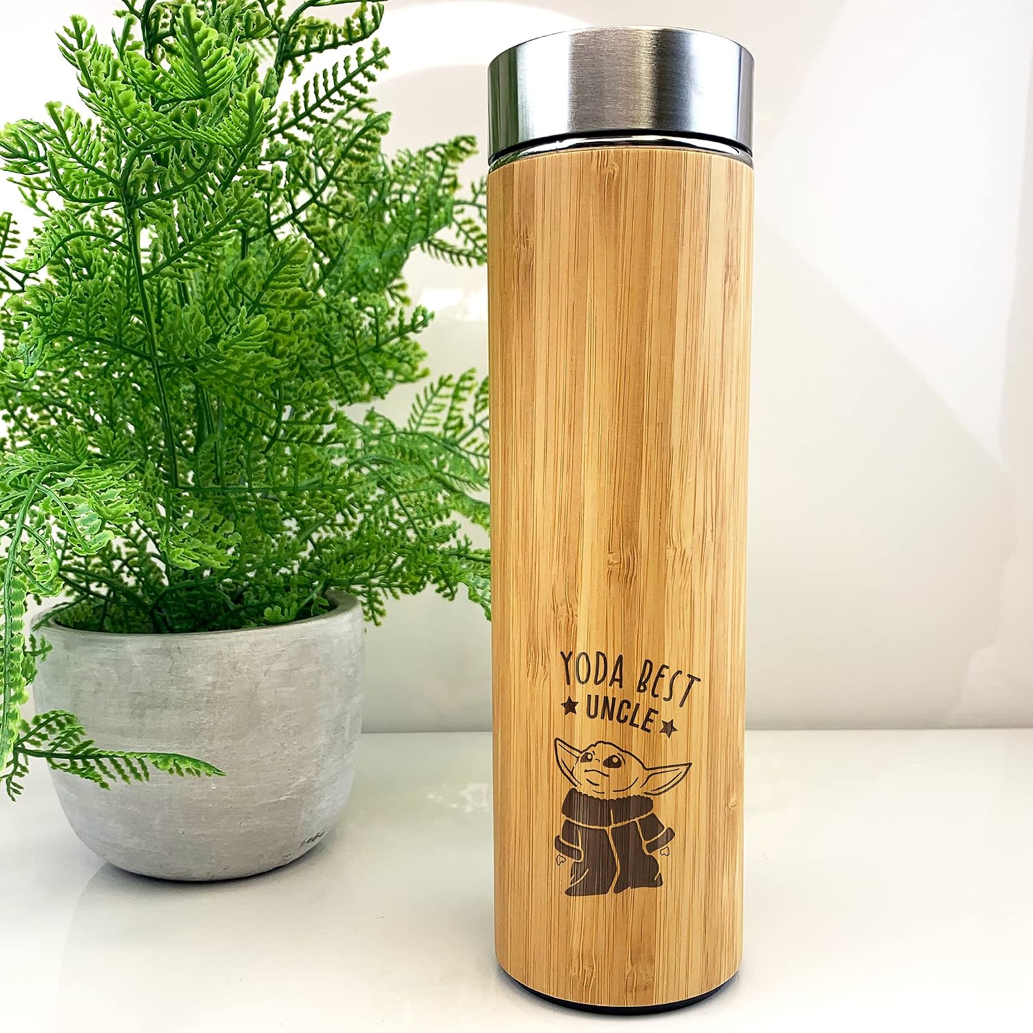 eBuyGB Personalised Bamboo Travel Flask Travel, Baby Yoda Travel Mug, 500ml Star Wars Themed Coffee Mug Cup