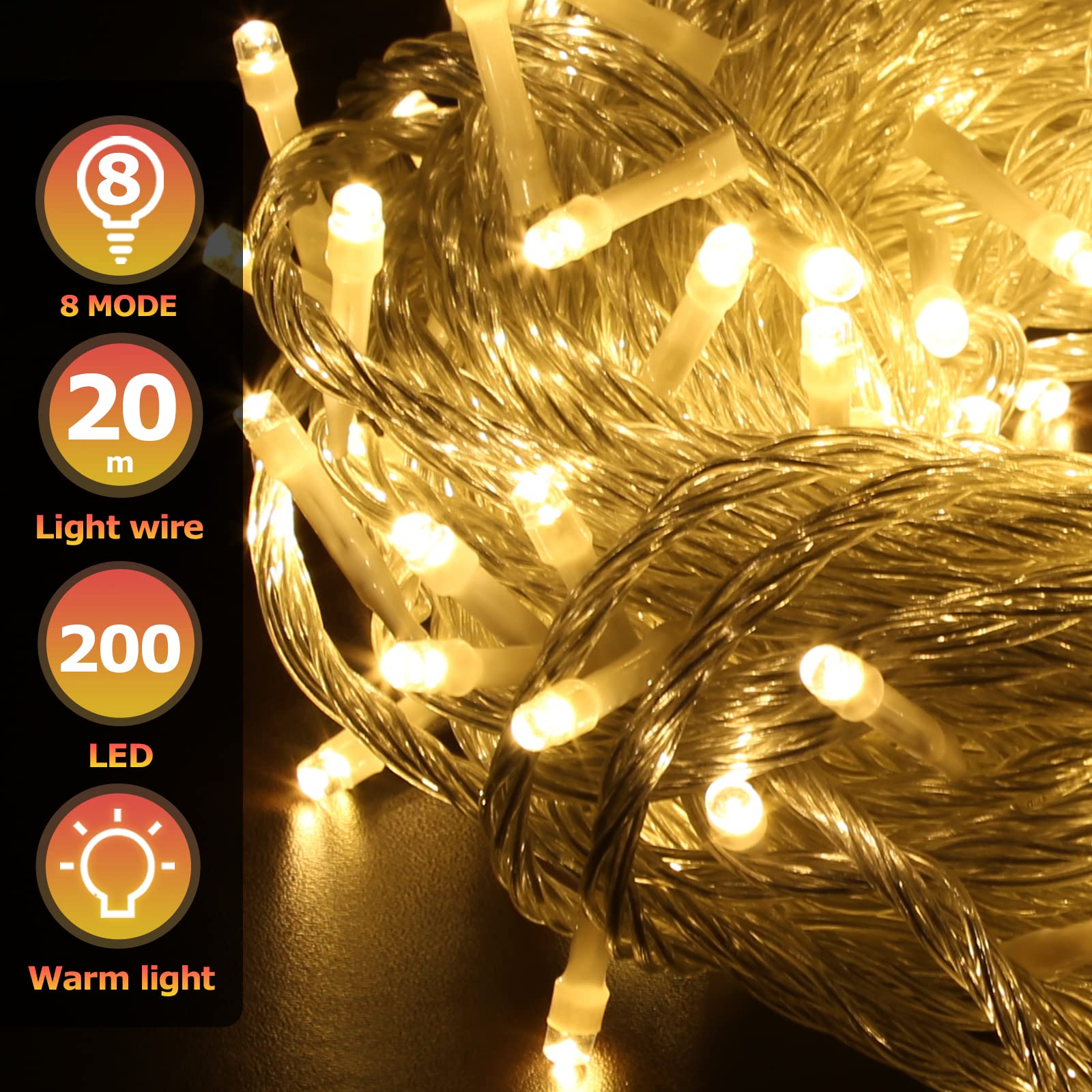 Ikodm Catena luminosa a LED per esterni, con funzione di memoria e 8 modalità, catena luminosa per esterni e interni (20 M-200 LED, bianco caldo)