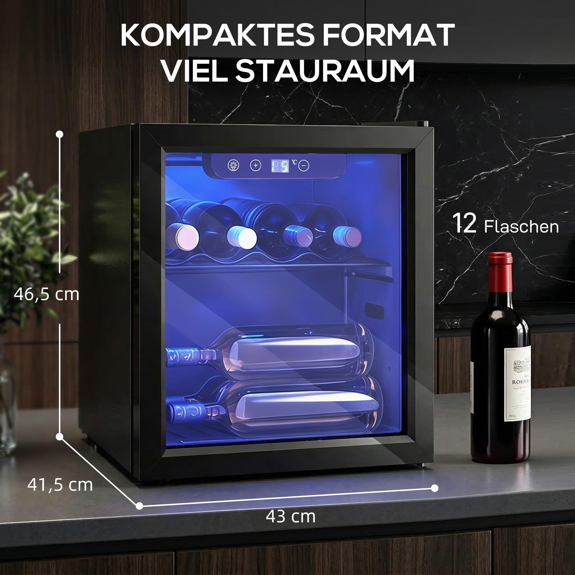 HOMCOM Weinkühlschrank 12 Flaschen 36 Liter Doppelglastür LED-Beleuchtung 4-16°C Schwarz