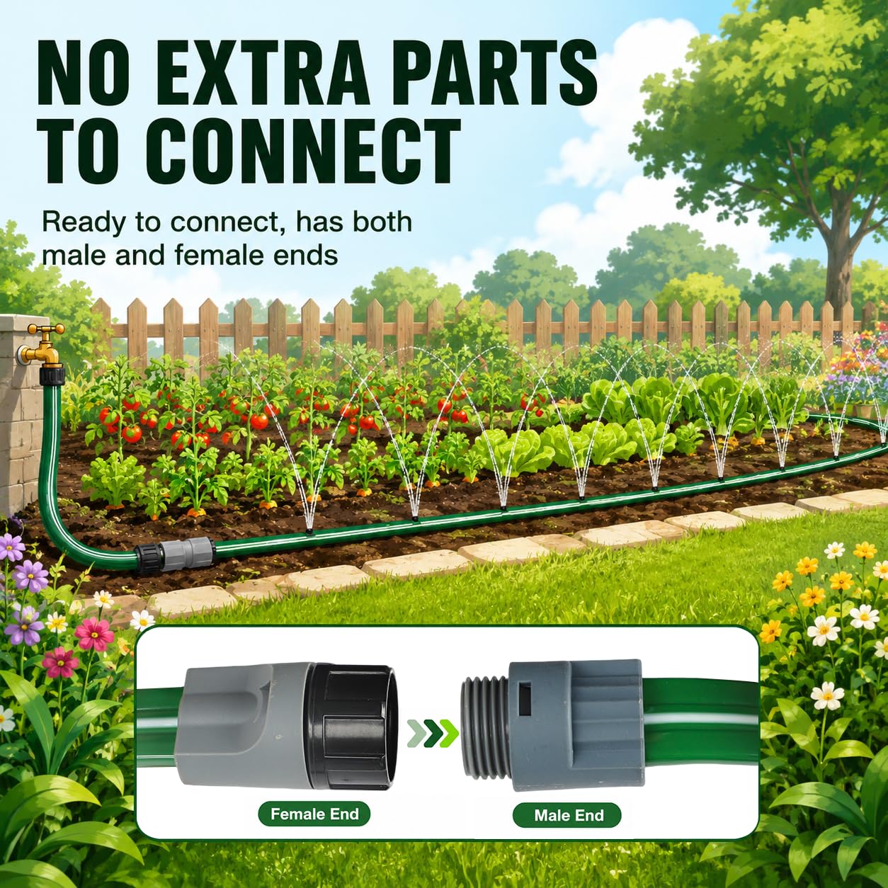 MIXC Sprinklerschlauch mit Löchern, 30 m (7,6 m, 4 Stück) flexibler flacher Sprinkler-Schlauch mit 40 Gartenklammern und 2 Splittern, effizientes wassersparendes Design für Rasen, Hof, Blumenbeete und