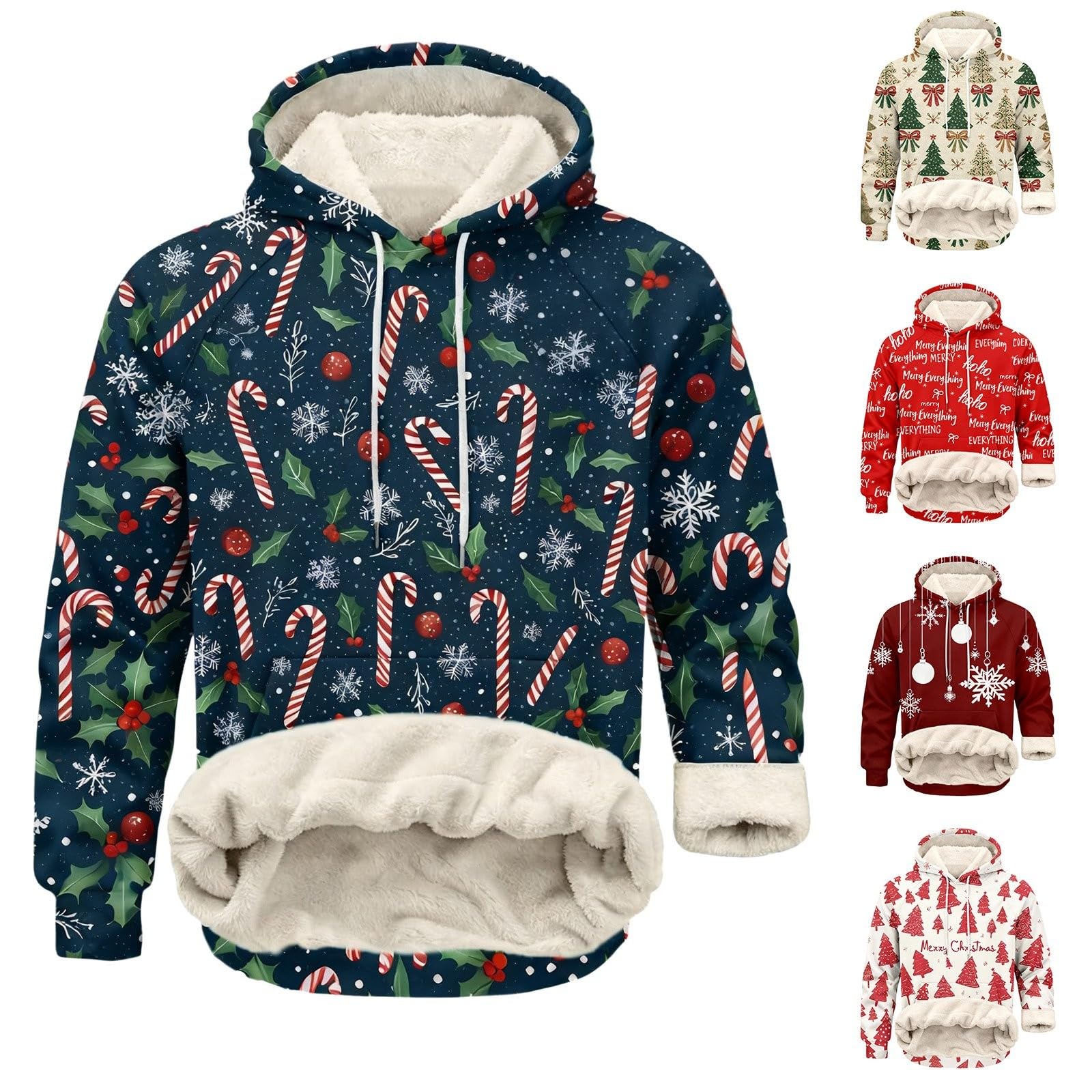 Suéter de Navidad con forro polar para hombre, divertido árbol de Navidad, copo de nieve, sudaderas, trajes de Navidad, cálidos, sherpa, manga larga, suéteres, tops, disfraces navideños, ropa de