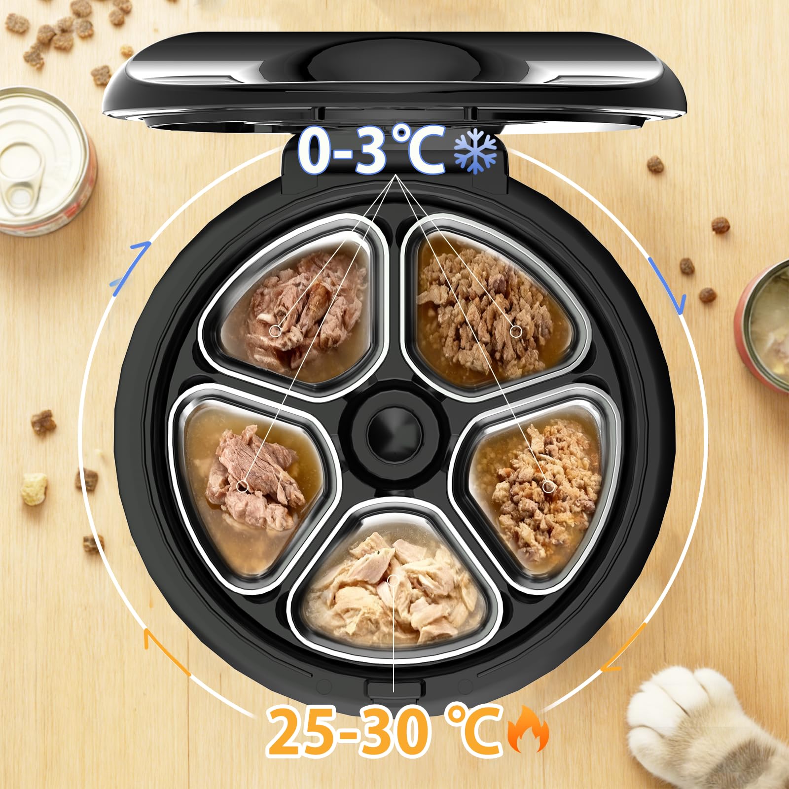 Cayboxy - Comedero automático para gatos con control de alimentos húmedos, dos en uno, refrigerado automático para gatos con refrigeración semiconductora, 5 comidas frescas, controlado por aplicación