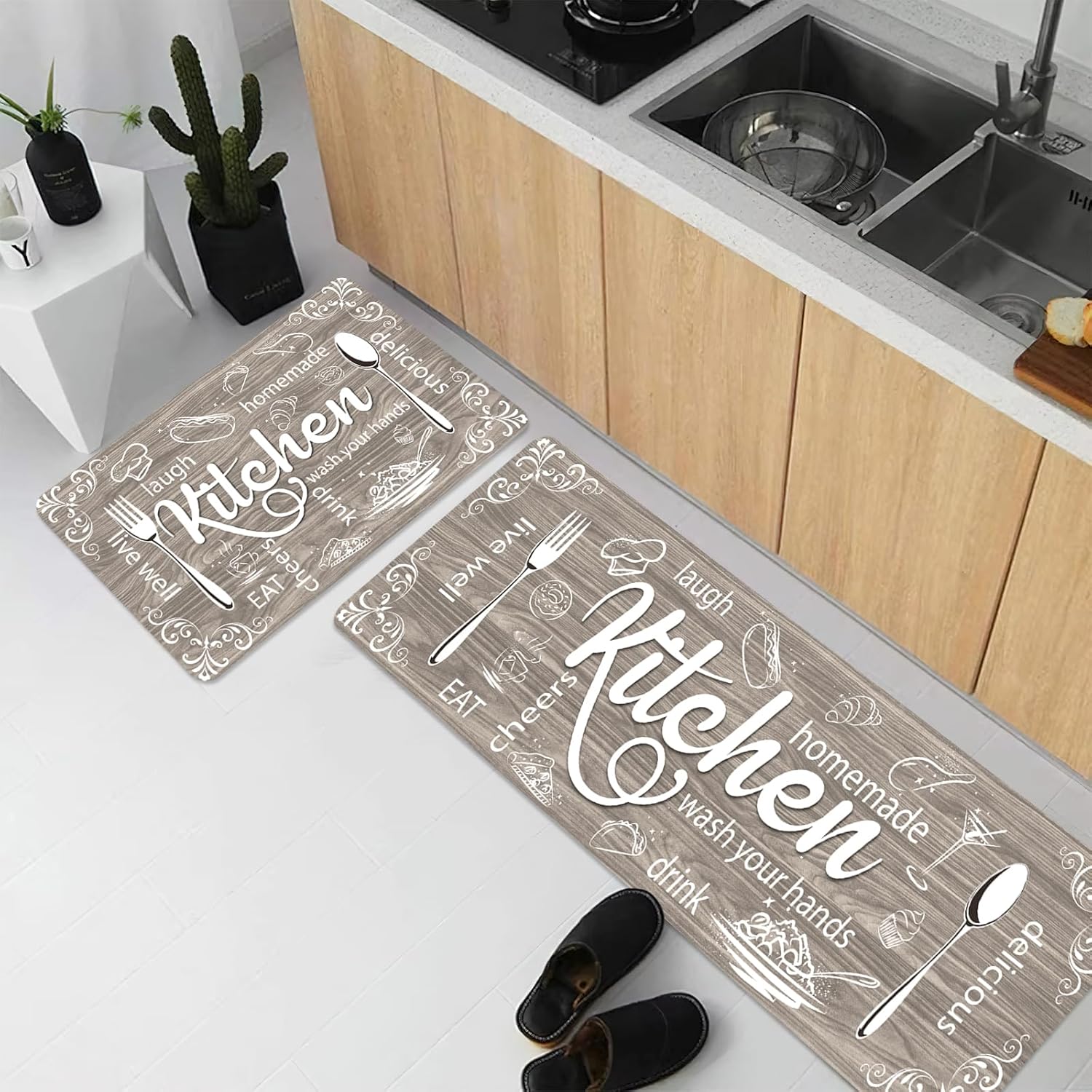 XLHOMO Kitchen Rugs Sets of 3, Non Slip Washable Brown Kitchen Mats for Floor, Farmhouse Stain Resistant Cushioned Anti Fatigue Mats for Kitchen Floor, Laundry Room, Bathroom, Entryway Carpet Decor