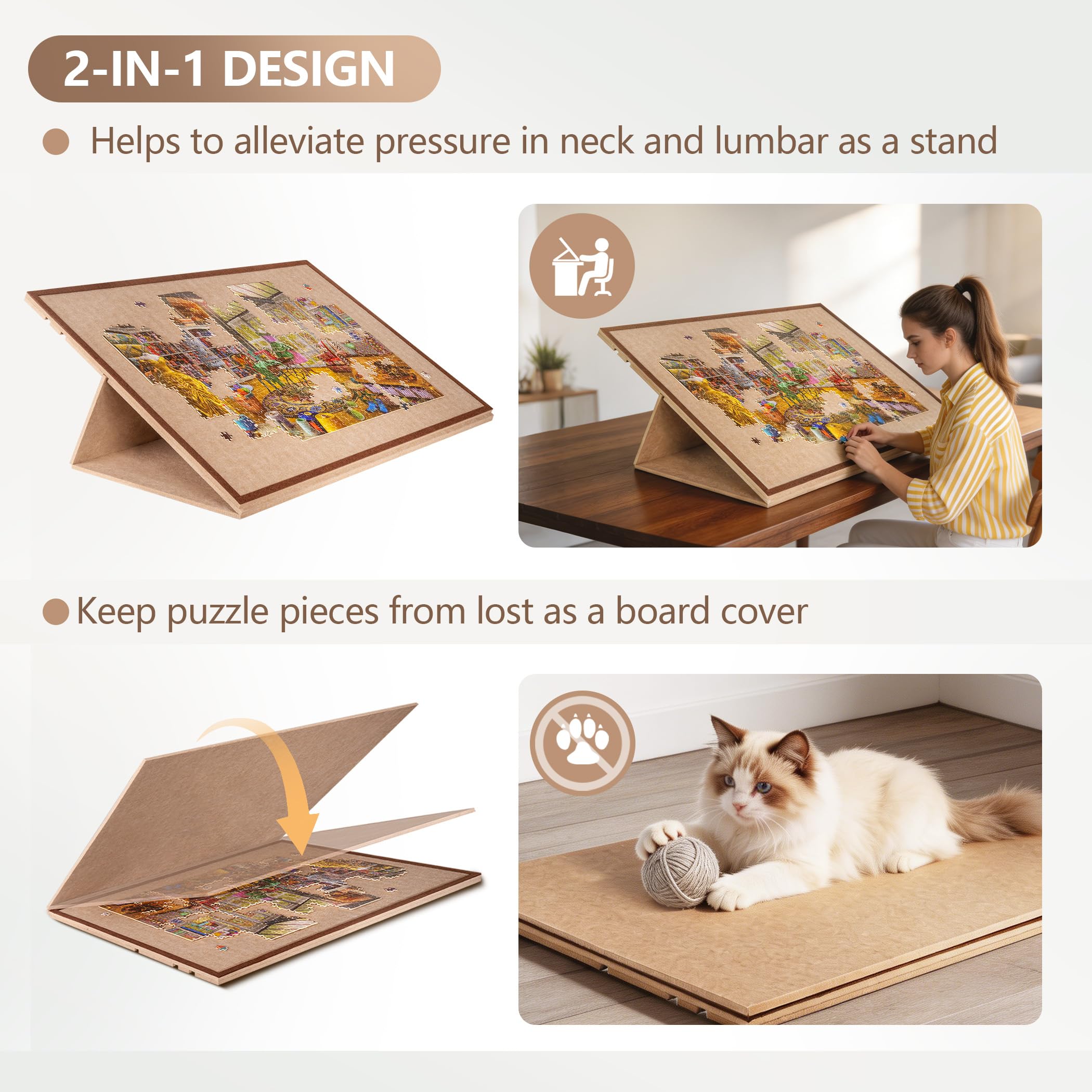 Kippbares Puzzlebrett mit 2-in-1-Ständer und Abdeckung, Leichter Filz-Puzzleaufbewahrungstisch mit 3-Fach verstellbarem Winkel, 6 Puzzlesortierfächern für Puzzlespiele mit bis zu 1500 Teilen