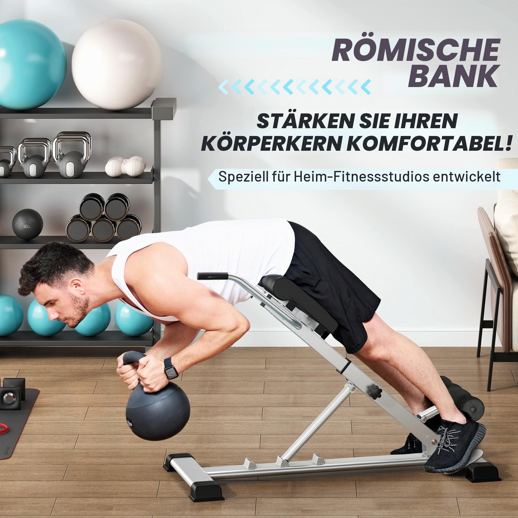 SogesPower Römischer Stuhl Hyperextension für Rücken, Faltbare Fitnessbank Höhenverstellbar, Bauchtrainer Hyper-Extension-Gerät, Maximale Belastung 120 kg
