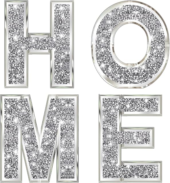 ZOLAPI 4 pcs Independent Letters Home.Glam Crystal Diamond Letters.Silver Mirror Glass Home Decoration for Wall, Fireplace, Bookshelf and Table.