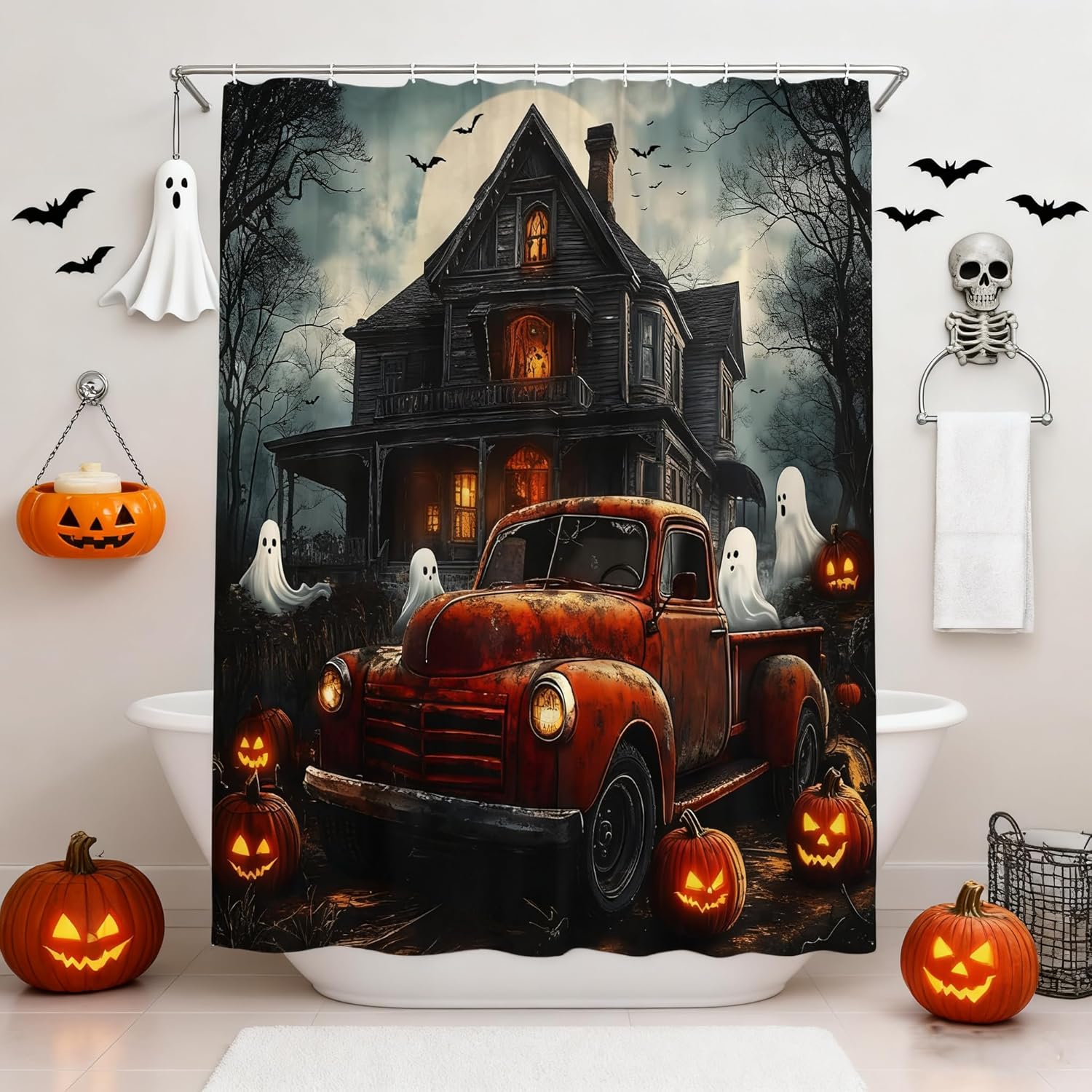 Halloween Castle Shower Curtain Horror Ghost Red Truck Spooky Pumpkins Bat Halloween Party Full Moon Gray Night Gothic Haunted House Forest Scary Sky Bathroom Decor Curtains 90x70 inch with Hook