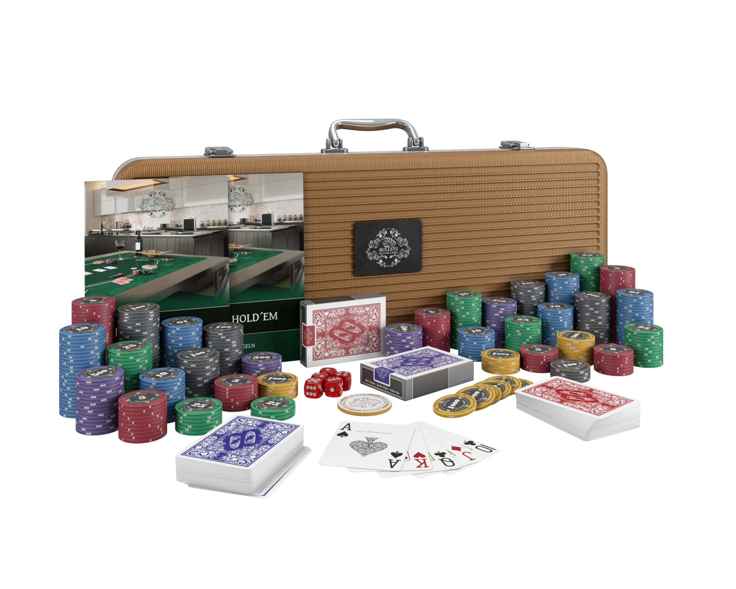 Bullets Playing Cards - Maletín de póquer Silvio Deluxe con 500 fichas de póquer de cerámica, instrucciones de póquer, botón de distribuidor y cartas de póquer de plástico