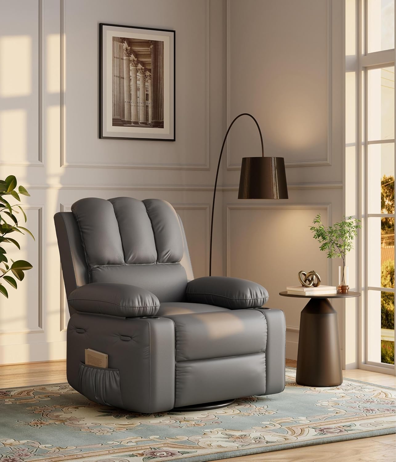 Detailed diagram of the Garvee oversized recliner chair with all dimensions labeled, including height, width, depth, and extended length when reclined, along with an ideal user height range of 5'9" to 6'3".