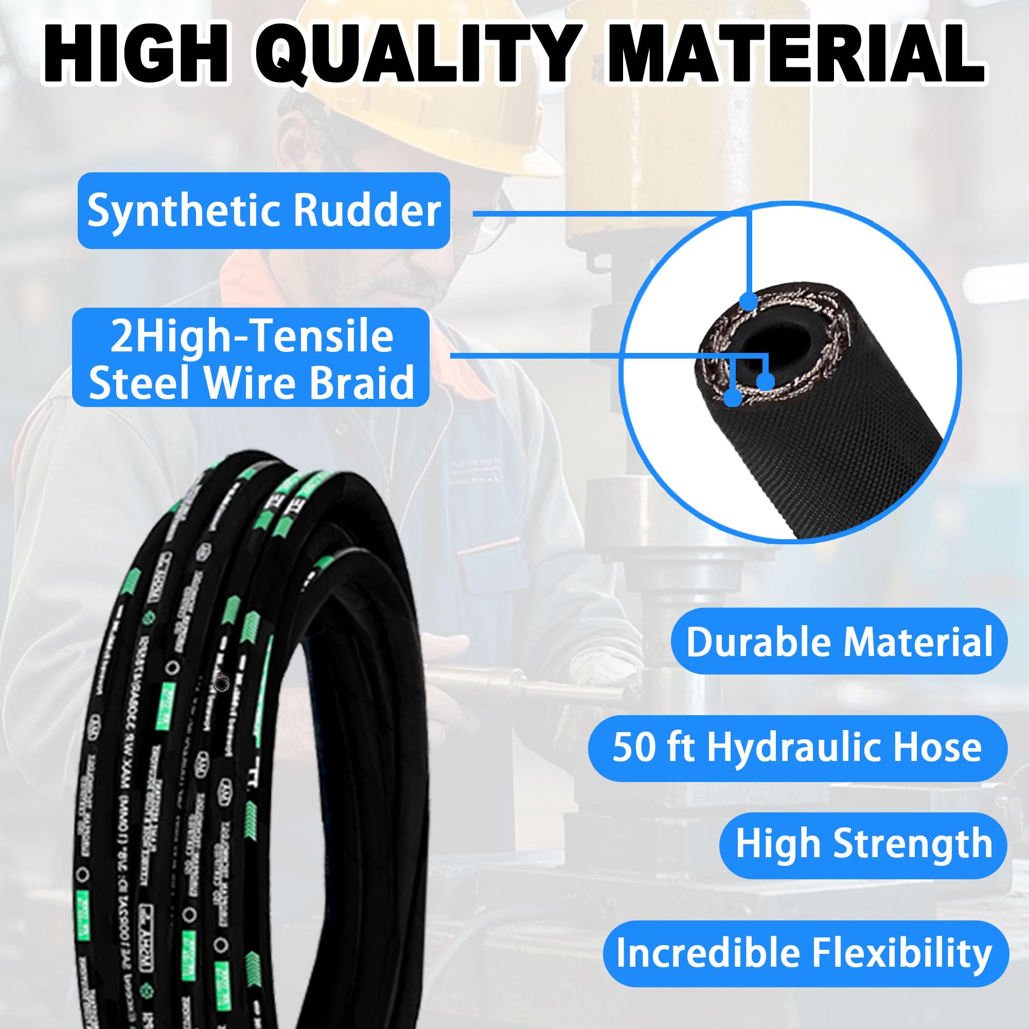 Haichy Smooth Hydraulic Hose, Rubber Hydraulic Hoses with 2 High-Tensile Steel Wire Braid, 3/4 in x 50 ft, 3118 PSI Max, Hydraulic Oil Flexible Hose