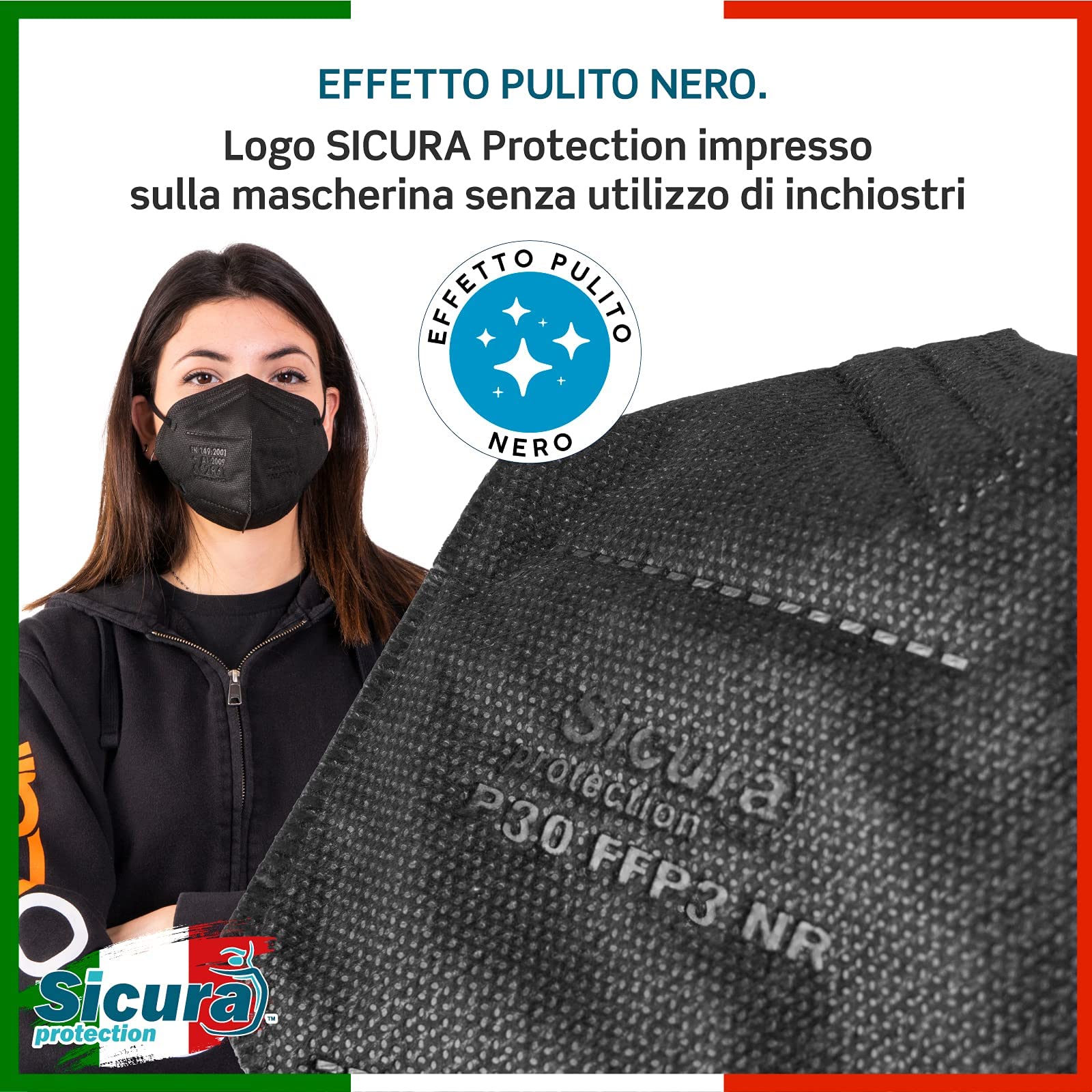 50 Mascherine FFP3 Certificate CE Nere Made in Italy e logo SICURA impresso PFE ≥99% | BFE ≥99% Mascherina ffp3 italiana SANIFICATA e sigillata singolarmente