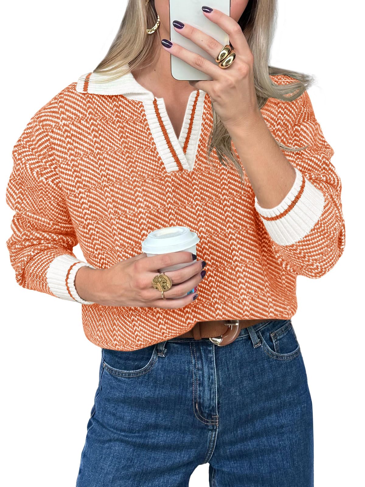 Saodimallsu Womens Fall Sweaters Tops Lapel V Neck Knit Sweater Color Block Long Sleeve Casual Soft Pullover Shirt