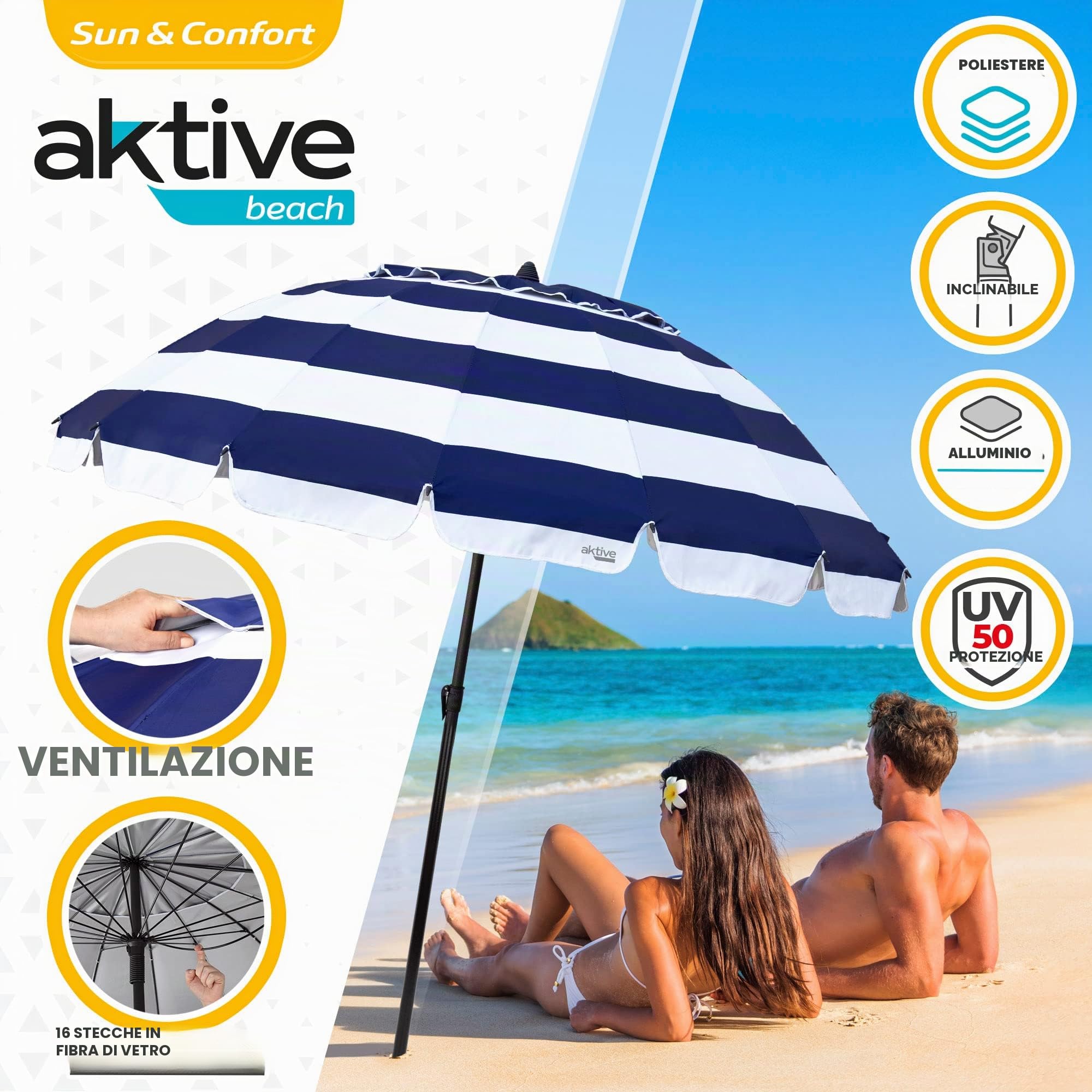 AKTIVE 62247 | Ombrellone da spiaggia antivento con protezione UV50 | Ombrellone da spiaggia Ø240 con altezza regolabile e asta inclinabile | Ultra antivento | Include borsa per un facile trasporto