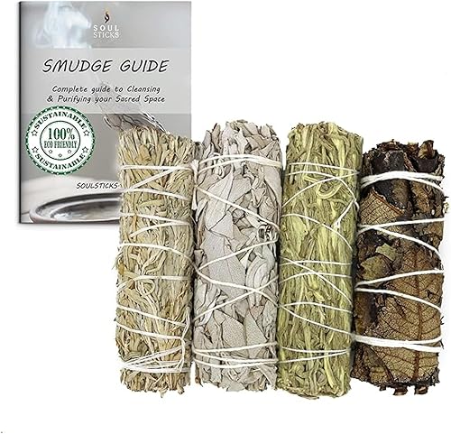 Soul Sticks Set de regalo variado de palos de salvia (paquete de 4) blanco, negro, azul y verde salvia para limpieza y curación Guía de manchas