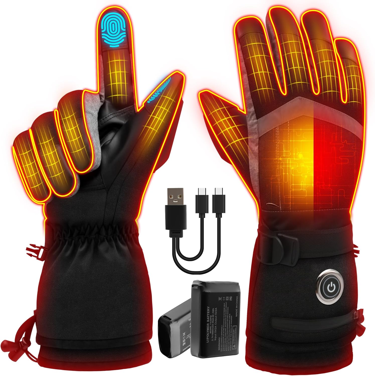 Heated Gloves for Men & Women, Rechargeable 5V 6000mAh Battery Powered Ski Gloves, Touchscreen & Waterproof Ideal Hand Warmers for Arthritis, Motorcycling, Fishing, Driving & Outdoor Work