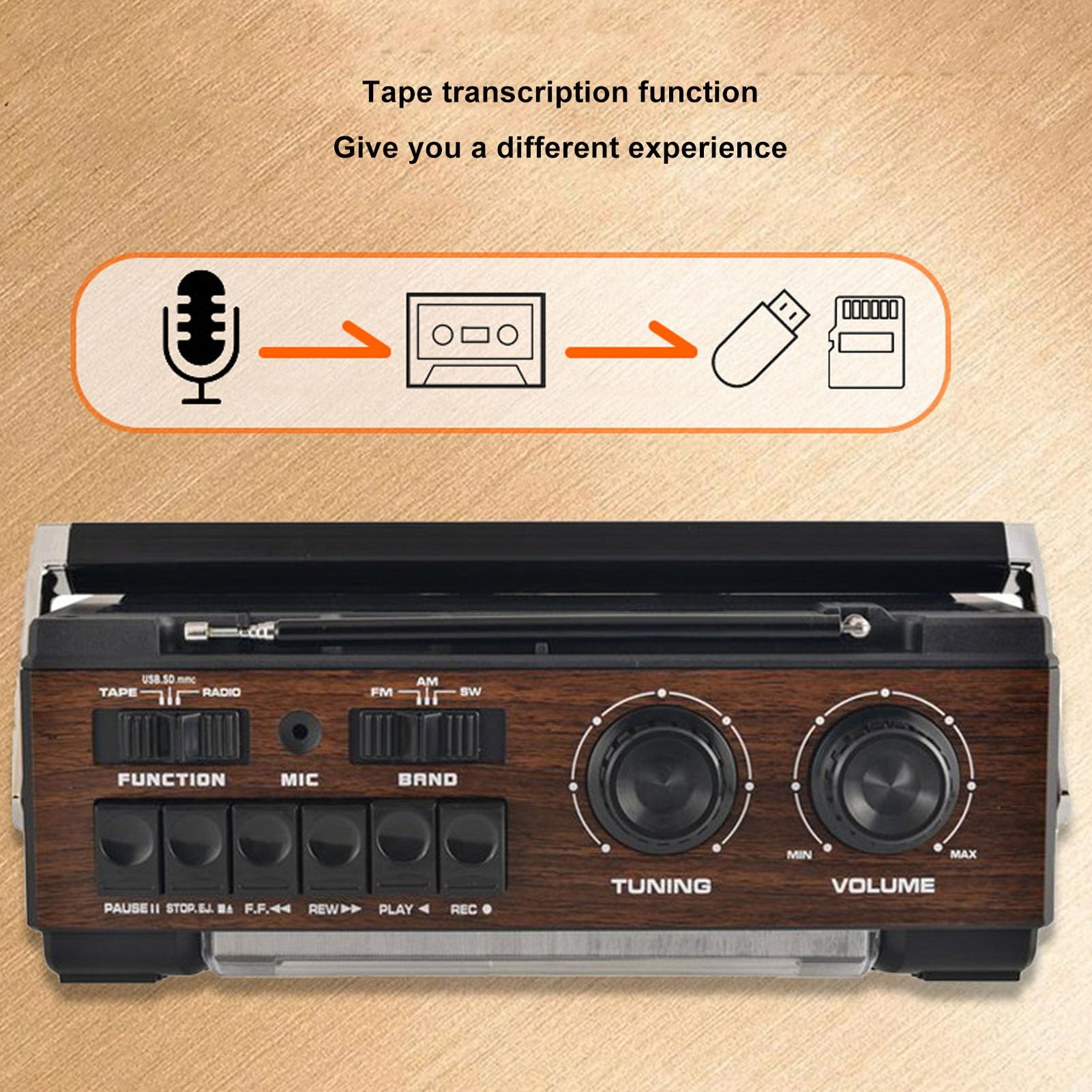 Portable Cassette Player Retro,AM SW FM Radio with 4 Band,Near Field Effect Cassette Player for Car Wood Grain (US Plug)