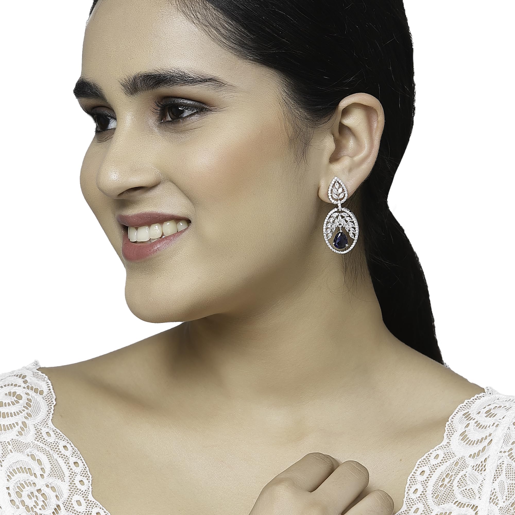 Rhodium-Plated American Diamond Drop Earrings