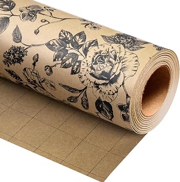 Burymento Kraft Flowers Wrapping Paper, Roses and Chrysanthemums Mini Roll Gift Wrap for Birthday, Valentines, Mothers day, Graduation, Wedding, Fathers day, Baby Shower, Christmas 17in x 16.4ft