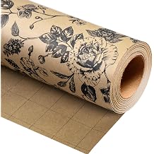 Burymento Kraft Flowers Wrapping Paper, Roses and Chrysanthemums Mini Roll Gift Wrap for Birthday, Valentines, Mothers day, Graduation, Wedding, Fathers day, Baby Shower, Christmas 17in x 16.4ft
