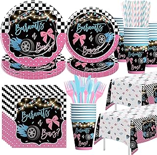 Burnouts or Bows Gender Reveal Decorations Tableware, Boy or Girl Gender Reveal Party Supplies, Plate, Cup, Napkin, Cutlery, Tablecloth, Race Car vs Bows Baby Shower Decorations, Serves 24