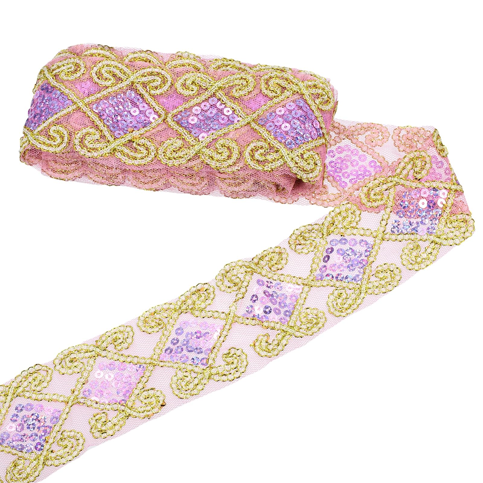 sourcing map Sequins Lace Mesh Trim Lace Ribbon Applique, 6cm 9.14m Diamond Shaped Braid Sequins Lace Fabric for Sewing DIY Craft Curtain Dress Clothing Wedding, Pink